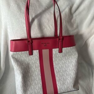 Michael Kors White Tote with Hot Pink & Light Pink Stripe